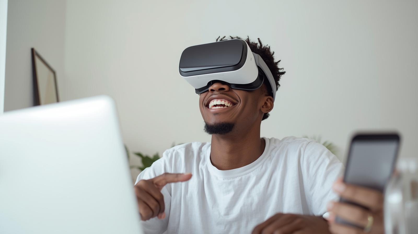 Young traveler happily exploring a virtual tropical island in VR headset.
