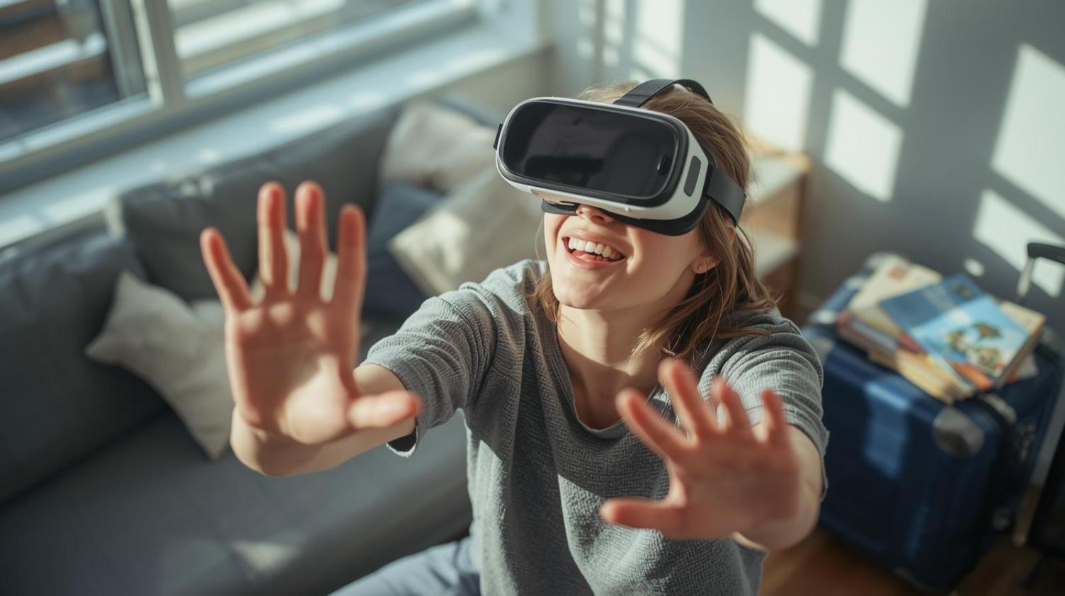 Person using VR headset at home joyfully exploring immersive digital travel experience.